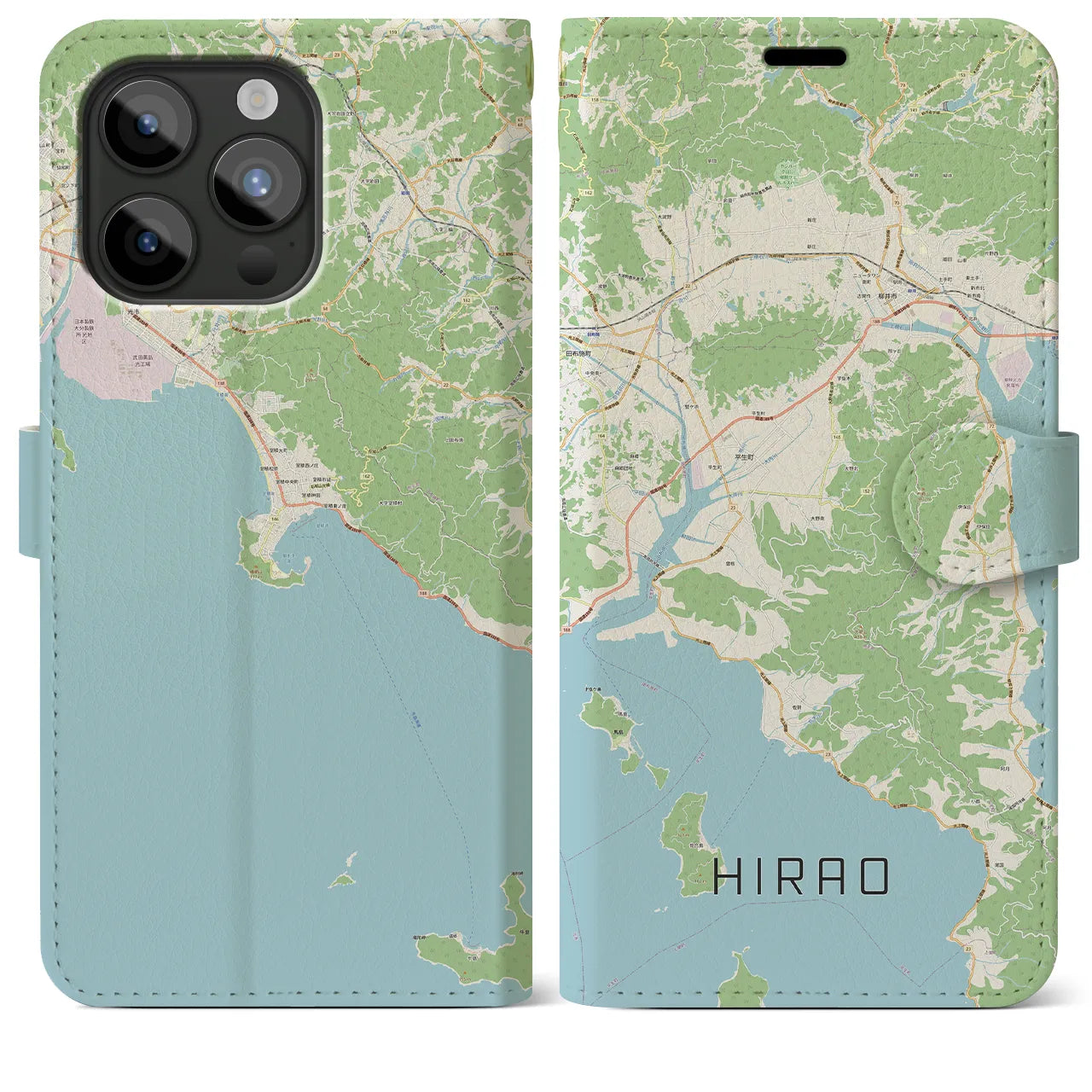 【平生(山口県)】地図柄iPhoneケース(手帳タイプ)ナチュラル・iPhone 15 Pro Max 用