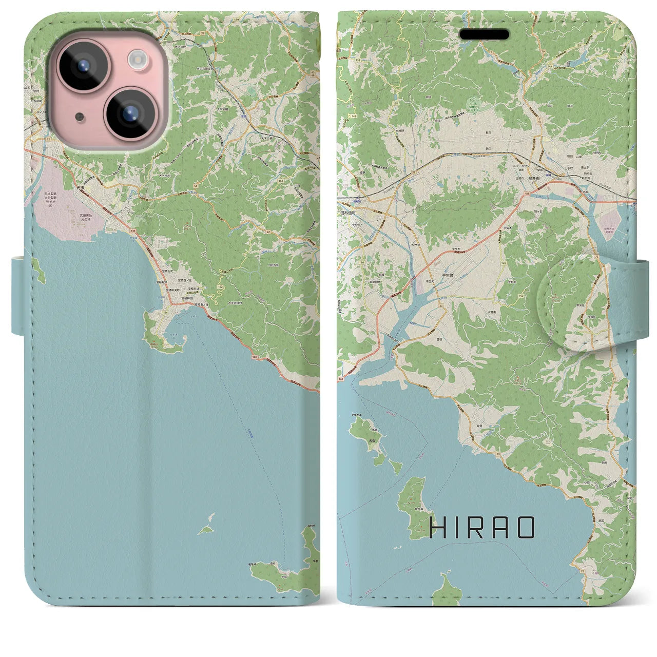【平生(山口県)】地図柄iPhoneケース(手帳タイプ)ナチュラル・iPhone 15 Plus 用