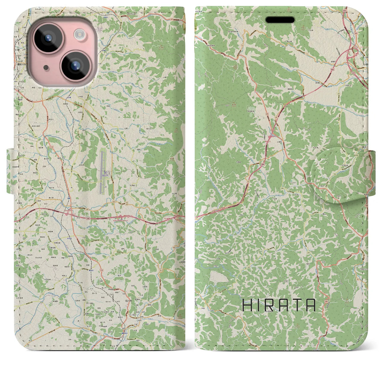 【平田(福島県)】地図柄iPhoneケース(手帳タイプ)ナチュラル・iPhone 15 Plus 用