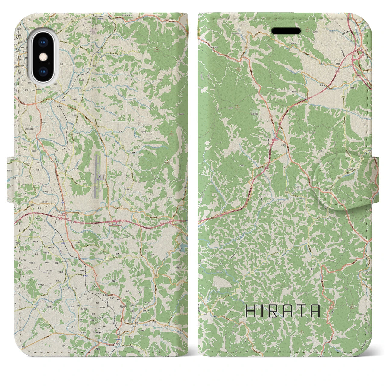 【平田(福島県)】地図柄iPhoneケース(手帳タイプ)ナチュラル・iPhone XS Max 用