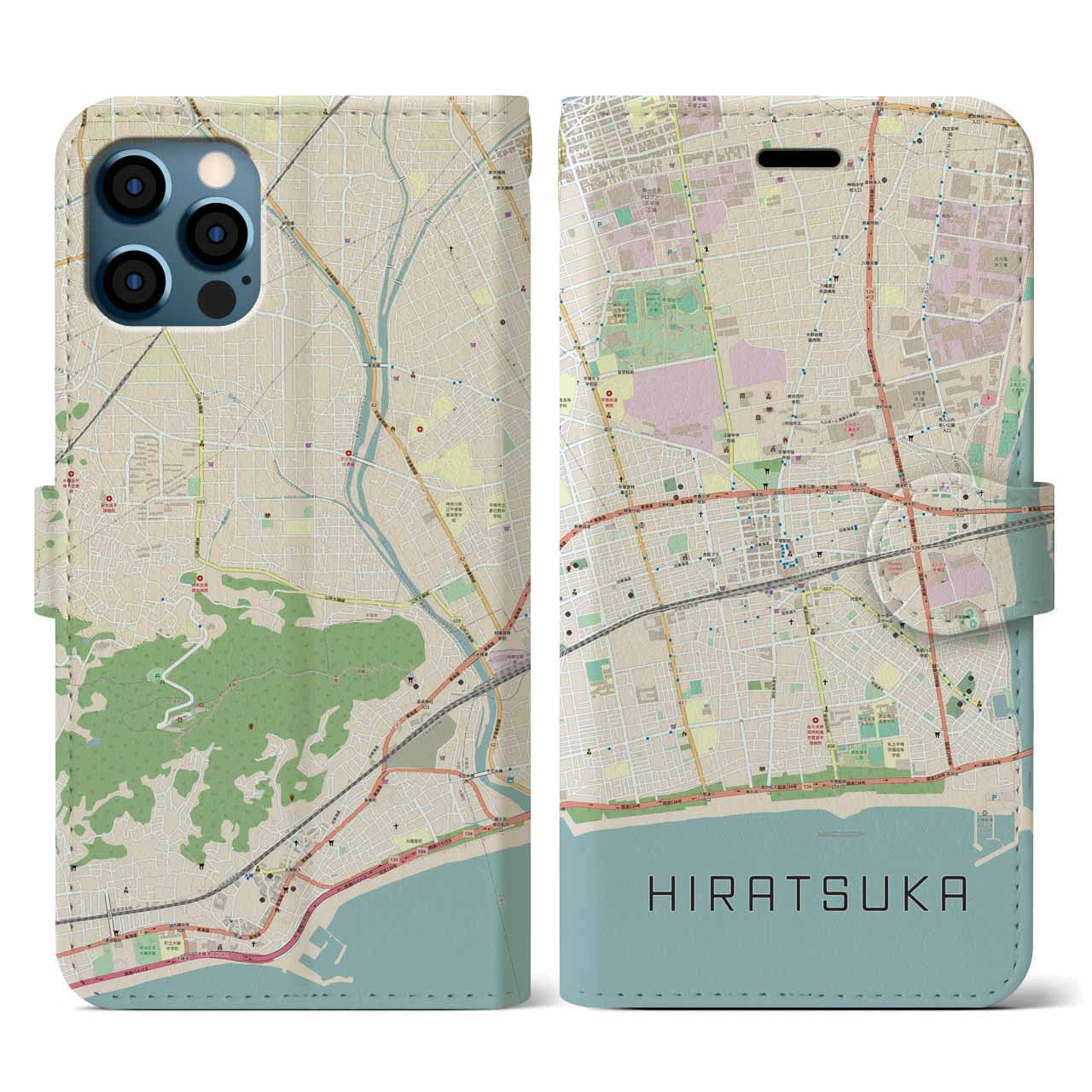 【平塚(神奈川県)】地図柄iPhoneケース(手帳タイプ)ナチュラル・iPhone 12 / 12 Pro 用