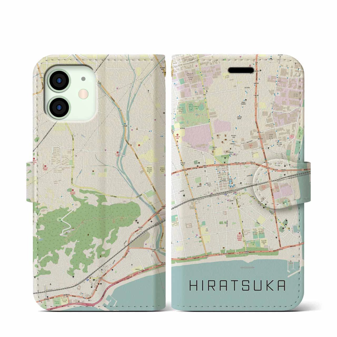 【平塚(神奈川県)】地図柄iPhoneケース(手帳タイプ)ナチュラル・iPhone 12 mini 用