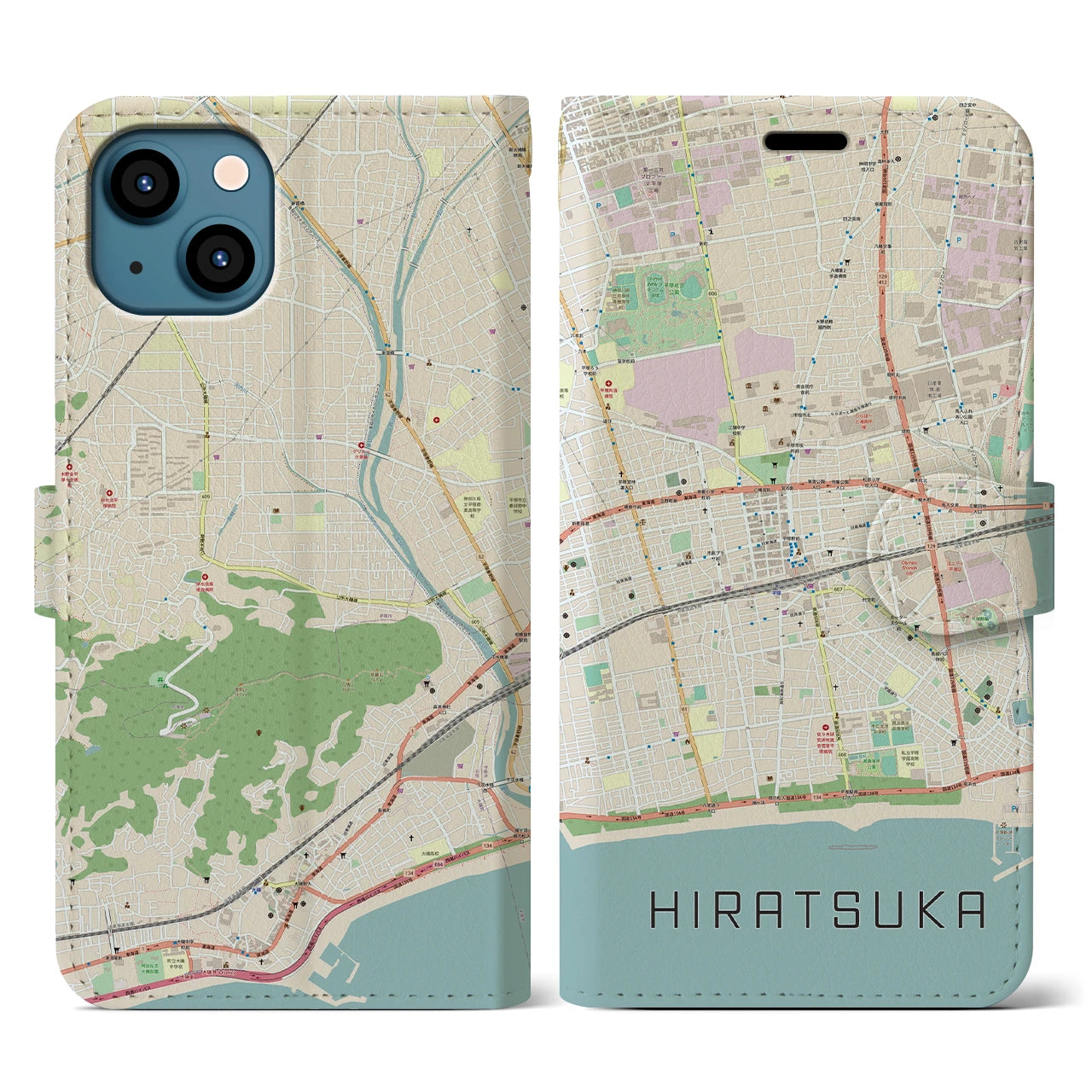 【平塚(神奈川県)】地図柄iPhoneケース(手帳タイプ)ナチュラル・iPhone 13 用