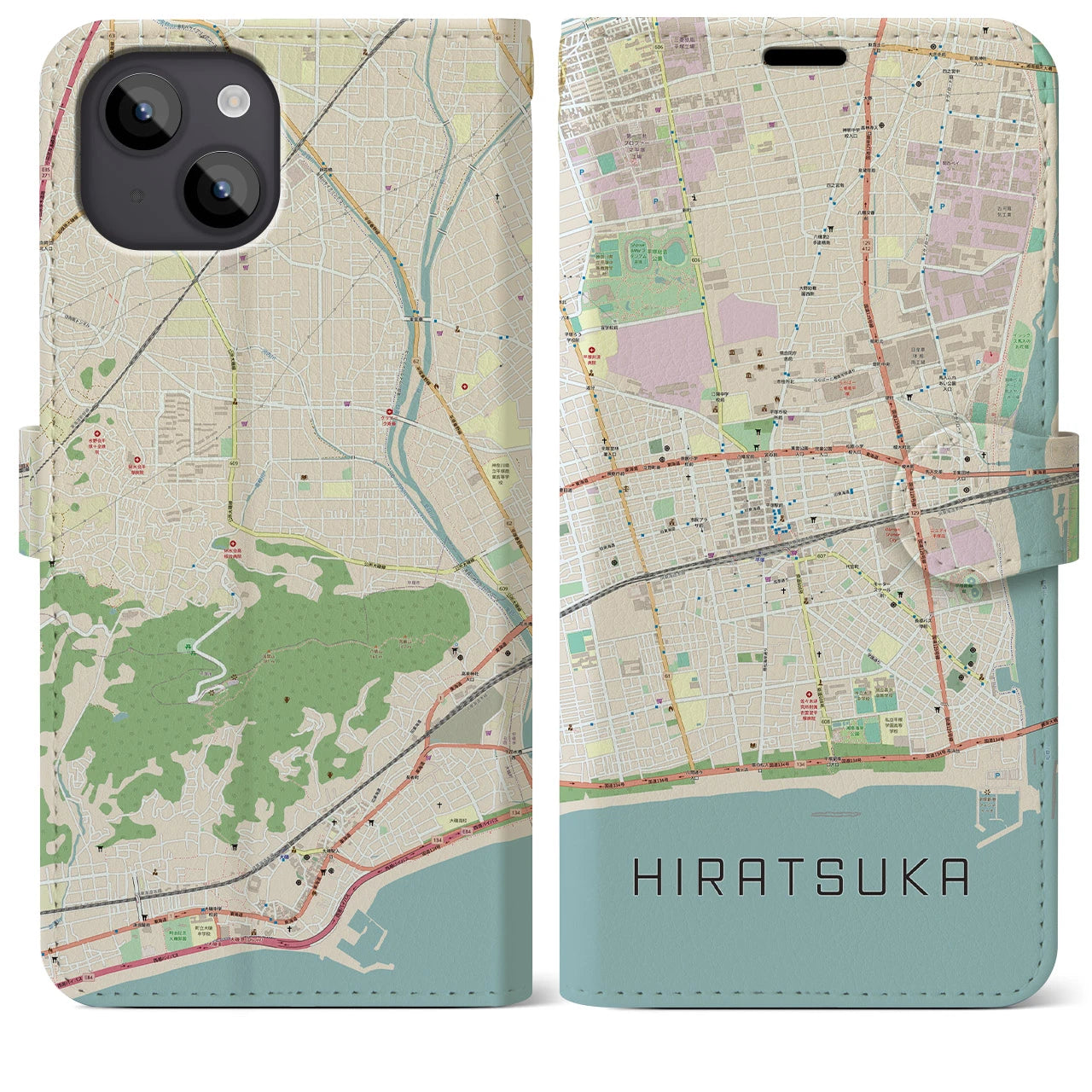 【平塚(神奈川県)】地図柄iPhoneケース(手帳タイプ)ナチュラル・iPhone 14 Plus 用