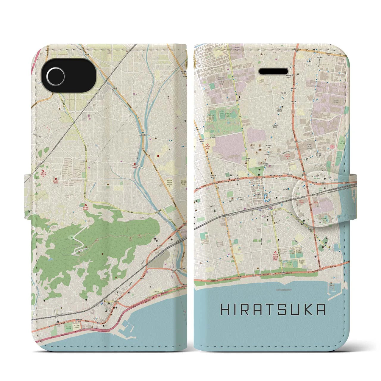 【平塚(神奈川県)】地図柄iPhoneケース(手帳タイプ)ナチュラル・iPhone SE(第3 / 第2世代) / 8 / 7 / 6s / 6 用