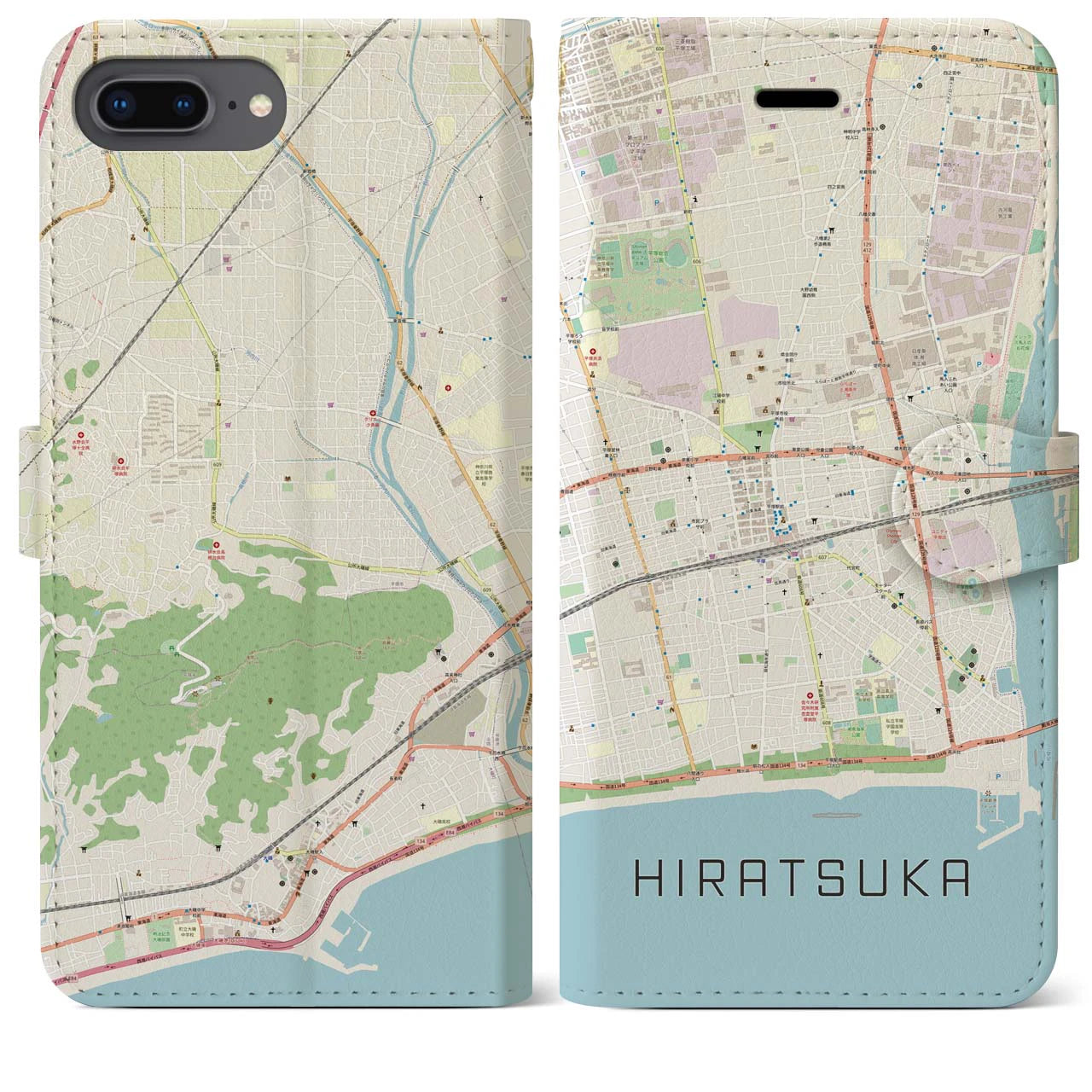 【平塚(神奈川県)】地図柄iPhoneケース(手帳タイプ)ナチュラル・iPhone 8Plus /7Plus / 6sPlus / 6Plus 用