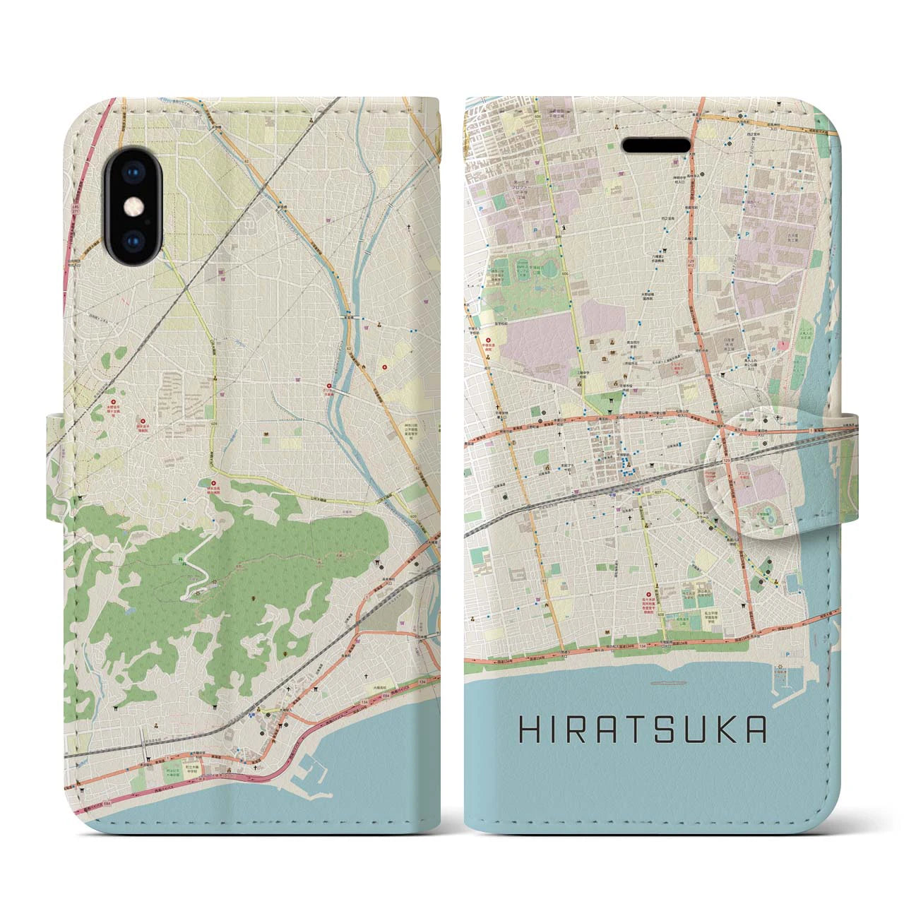 【平塚(神奈川県)】地図柄iPhoneケース(手帳タイプ)ナチュラル・iPhone XS / X 用
