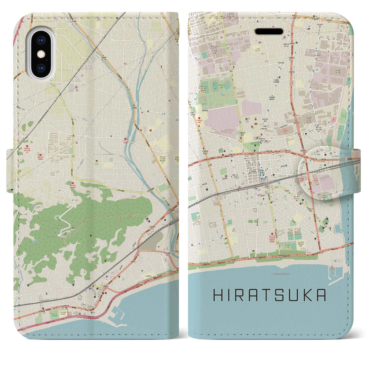 【平塚(神奈川県)】地図柄iPhoneケース(手帳タイプ)ナチュラル・iPhone XS Max 用