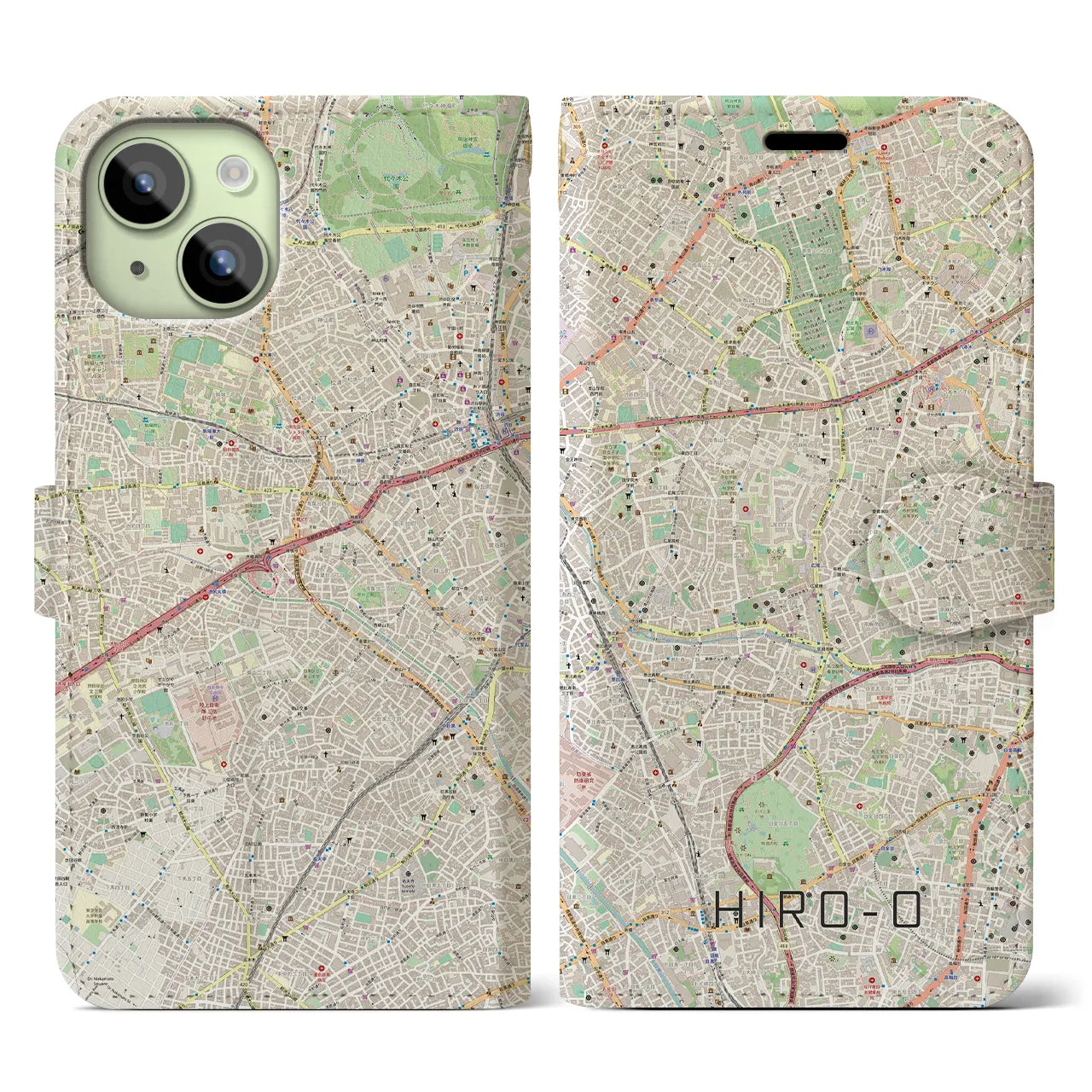 【広尾(東京都)】地図柄iPhoneケース(手帳タイプ)ナチュラル・iPhone 15 用