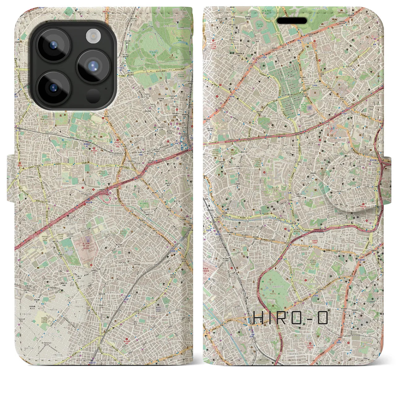 【広尾(東京都)】地図柄iPhoneケース(手帳タイプ)ナチュラル・iPhone 15 Pro Max 用