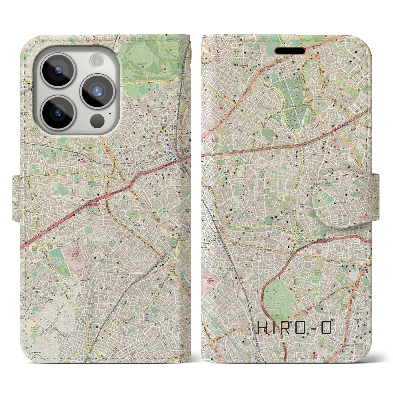 【広尾(東京都)】地図柄iPhoneケース(手帳タイプ)ナチュラル・iPhone 15 Pro 用