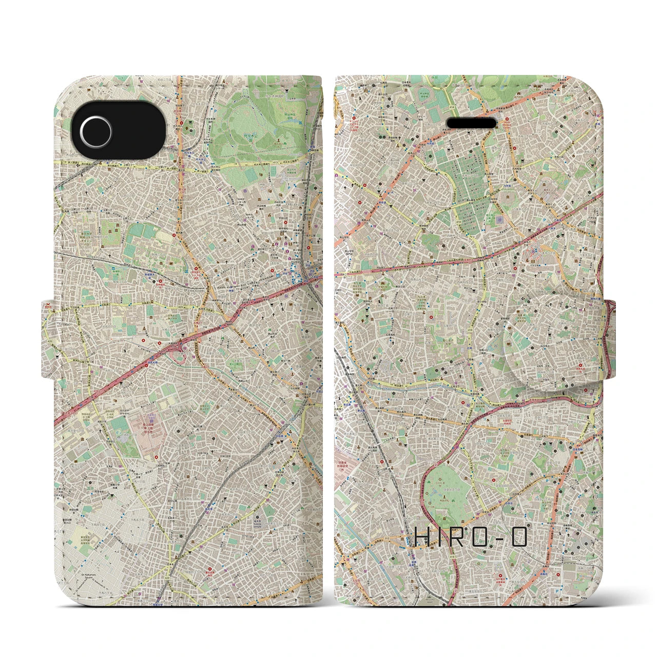 【広尾(東京都)】地図柄iPhoneケース(手帳タイプ)ナチュラル・iPhone SE(第3 / 第2世代) / 8 / 7 / 6s / 6 用