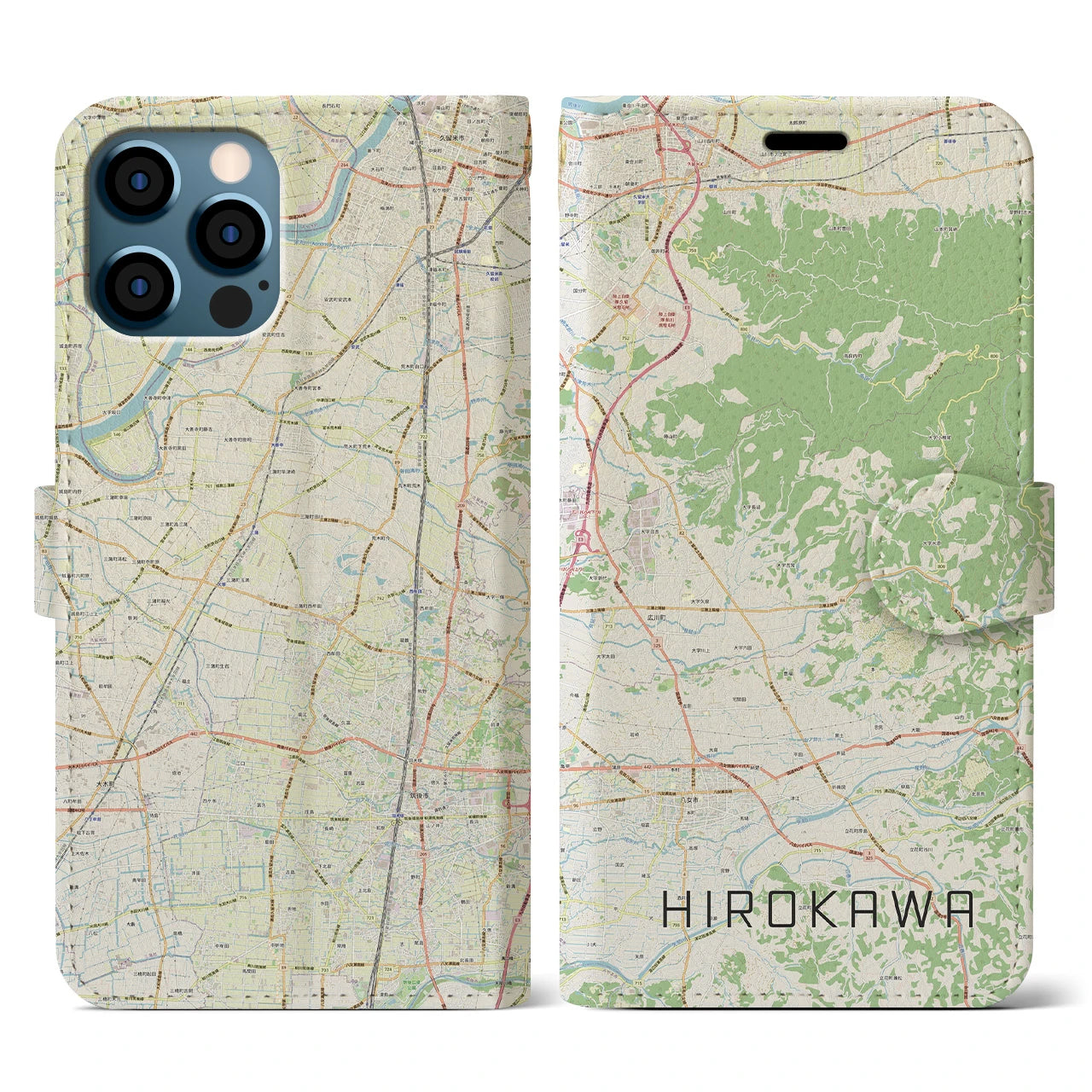 【広川(福岡県)】地図柄iPhoneケース(手帳タイプ)ナチュラル・iPhone 12 / 12 Pro 用
