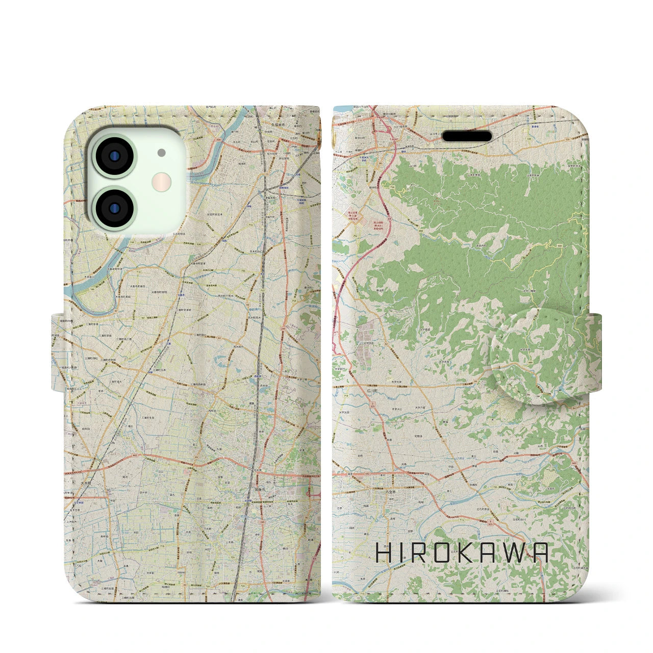 【広川(福岡県)】地図柄iPhoneケース(手帳タイプ)ナチュラル・iPhone 12 mini 用