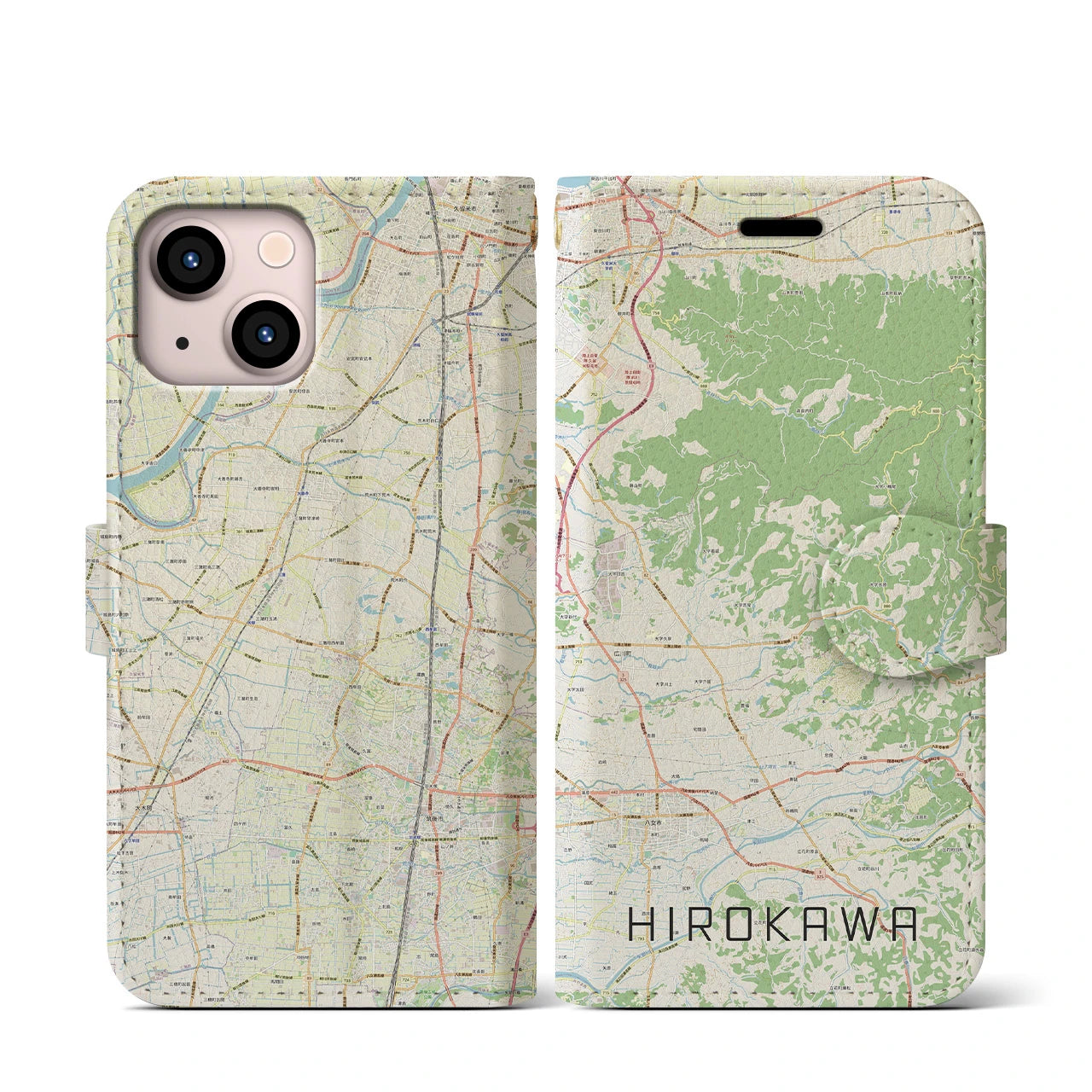 【広川(福岡県)】地図柄iPhoneケース(手帳タイプ)ナチュラル・iPhone 13 mini 用