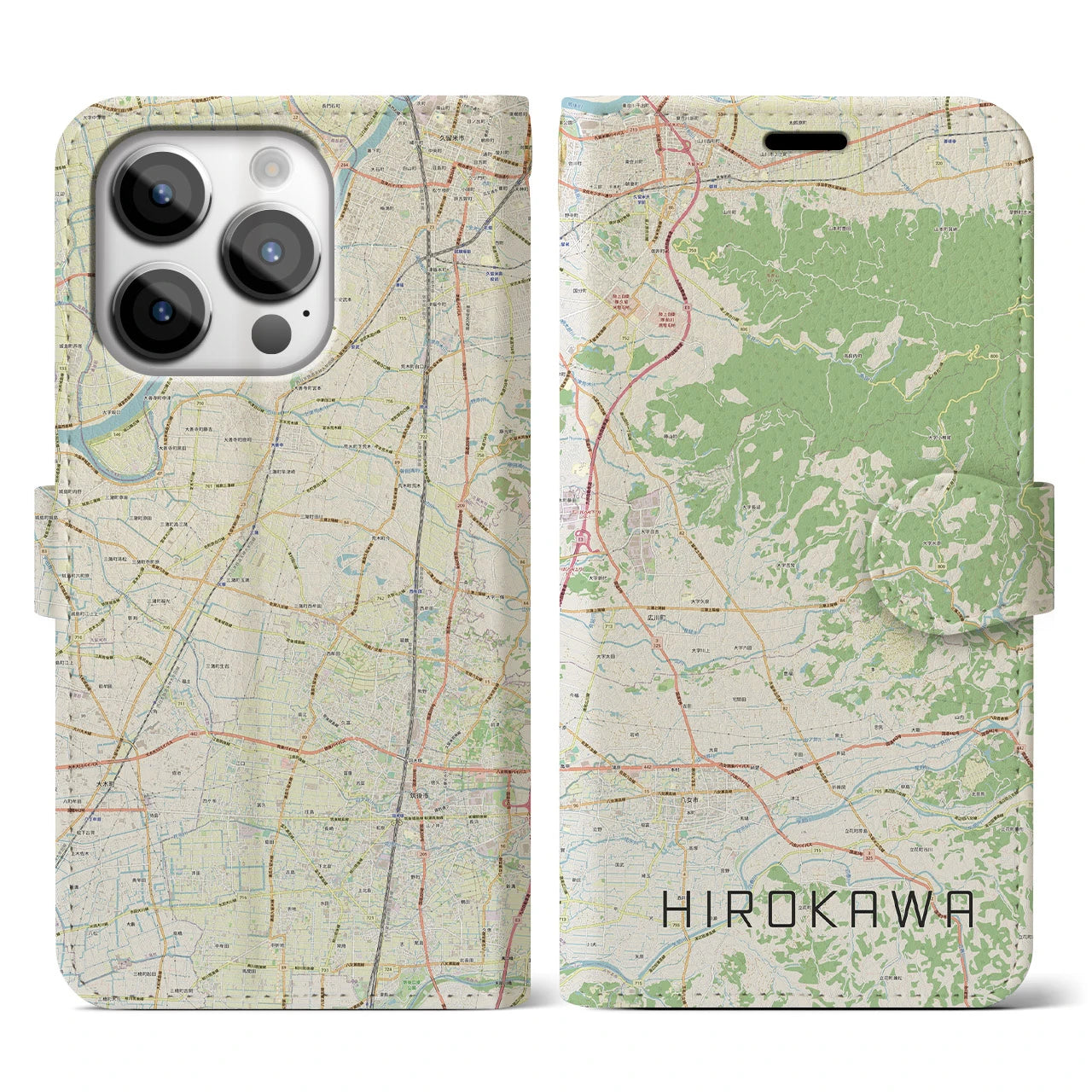 【広川(福岡県)】地図柄iPhoneケース(手帳タイプ)ナチュラル・iPhone 14 Pro 用
