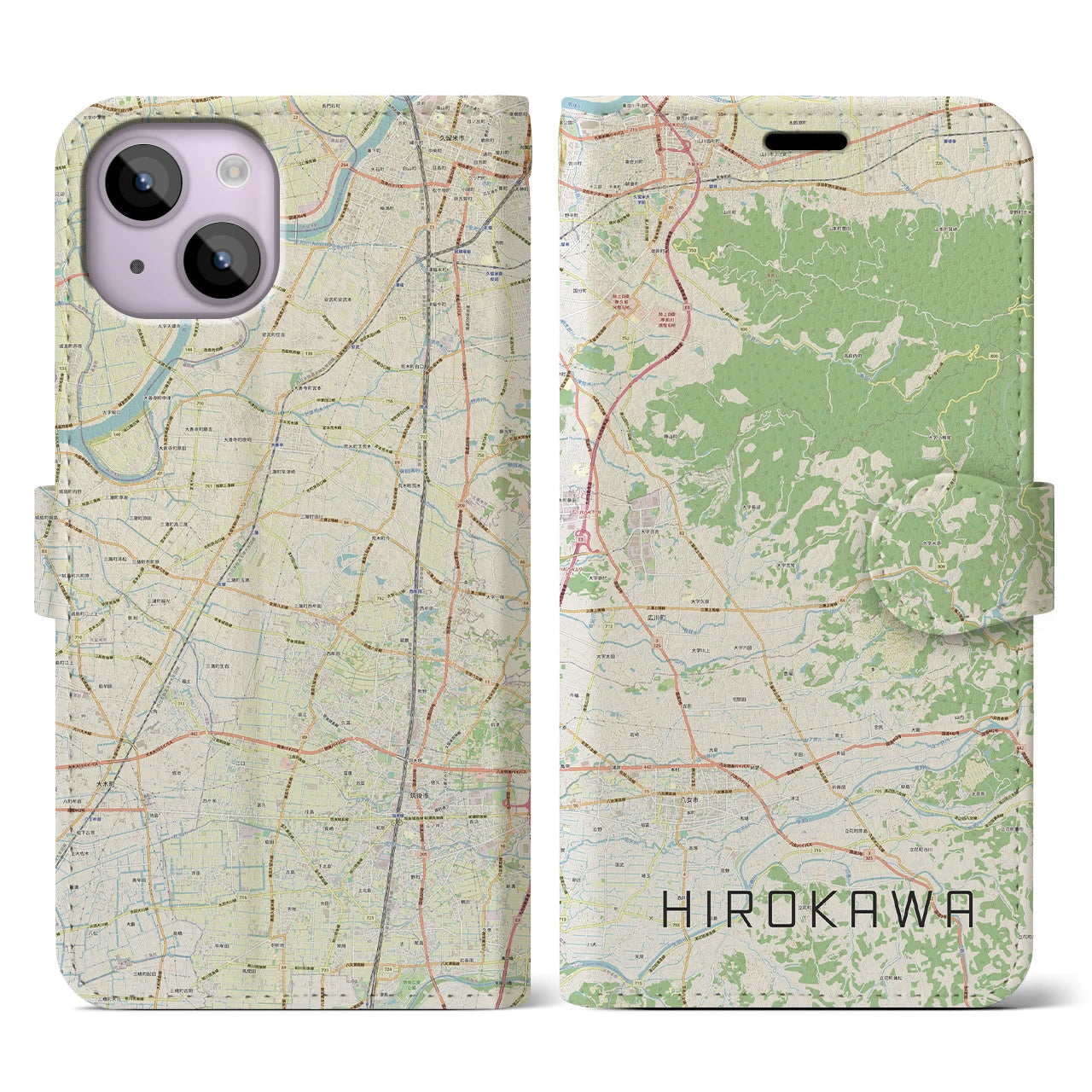 【広川(福岡県)】地図柄iPhoneケース(手帳タイプ)ナチュラル・iPhone 14 用