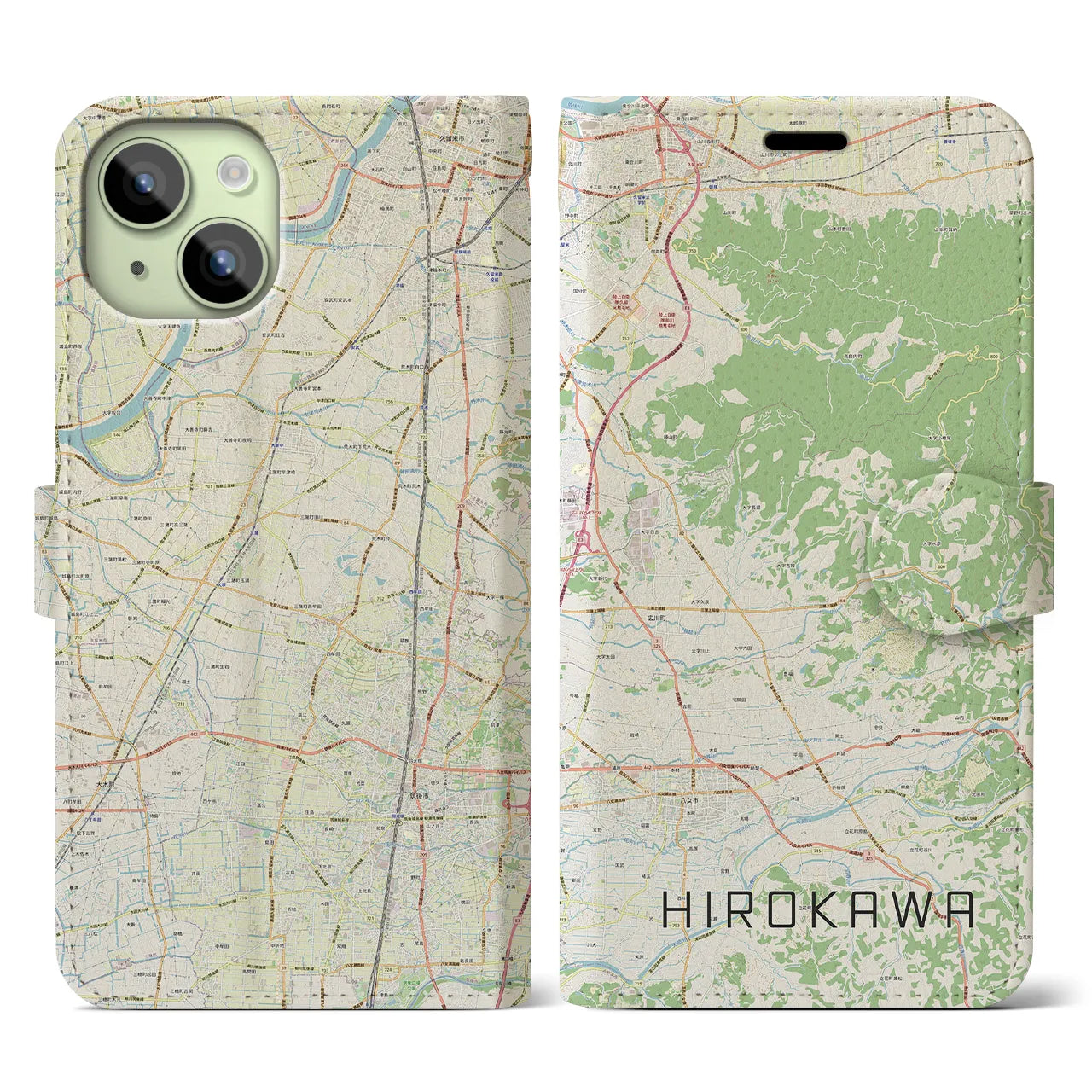 【広川(福岡県)】地図柄iPhoneケース(手帳タイプ)ナチュラル・iPhone 15 用