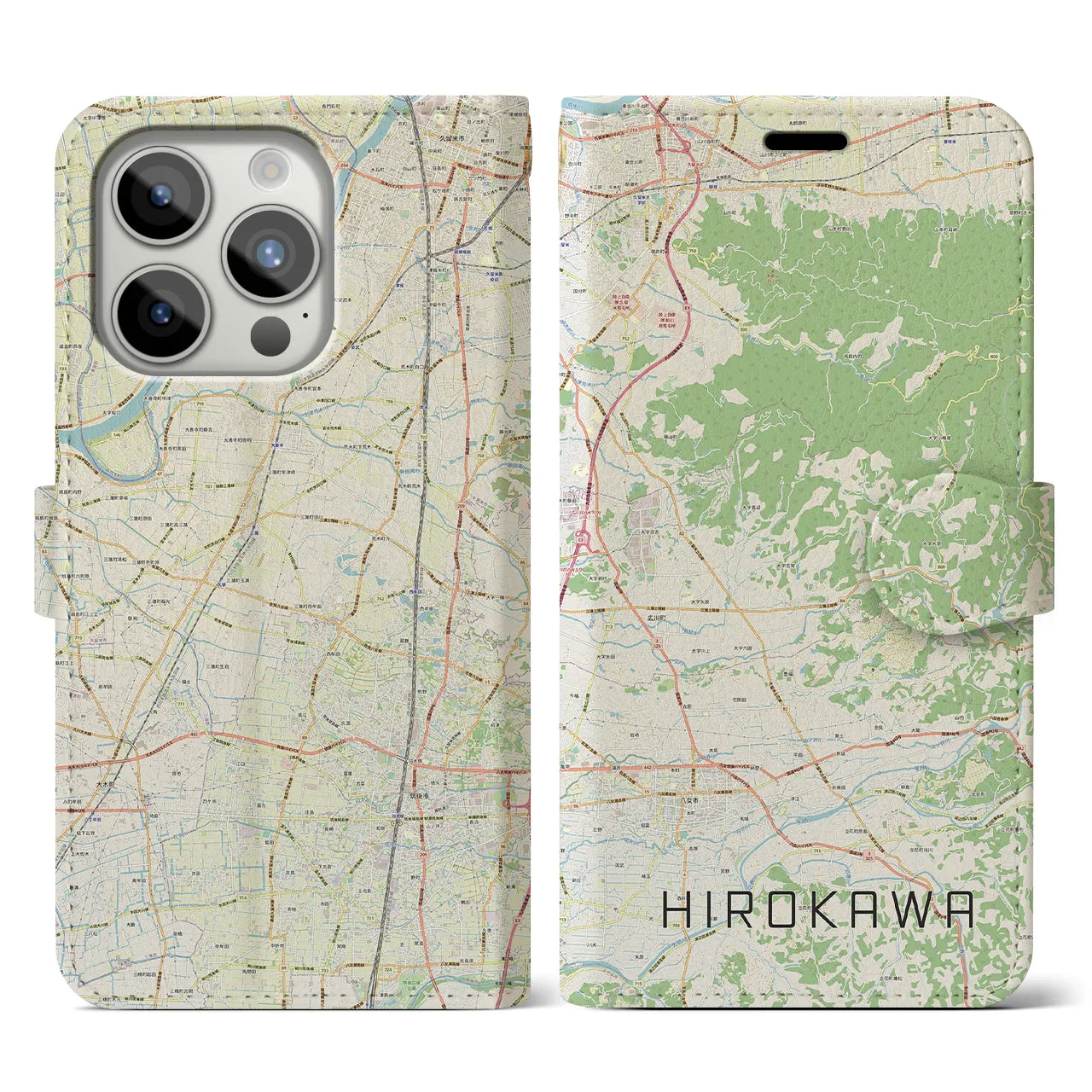【広川(福岡県)】地図柄iPhoneケース(手帳タイプ)ナチュラル・iPhone 15 Pro 用