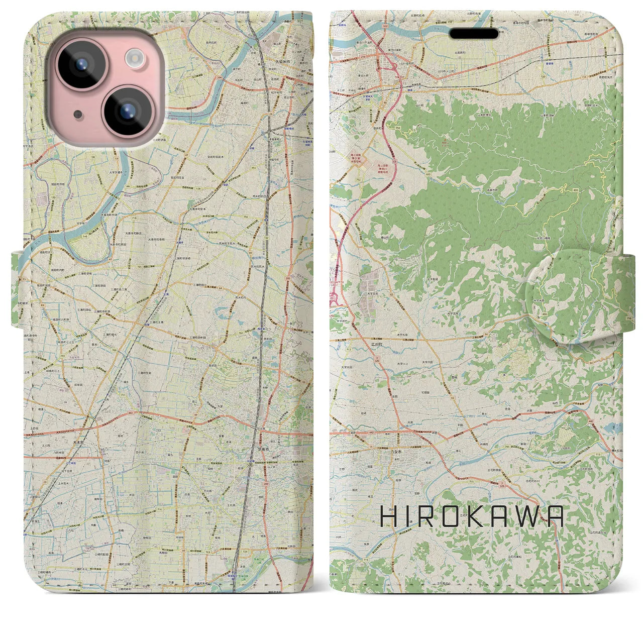 【広川(福岡県)】地図柄iPhoneケース(手帳タイプ)ナチュラル・iPhone 15 Plus 用