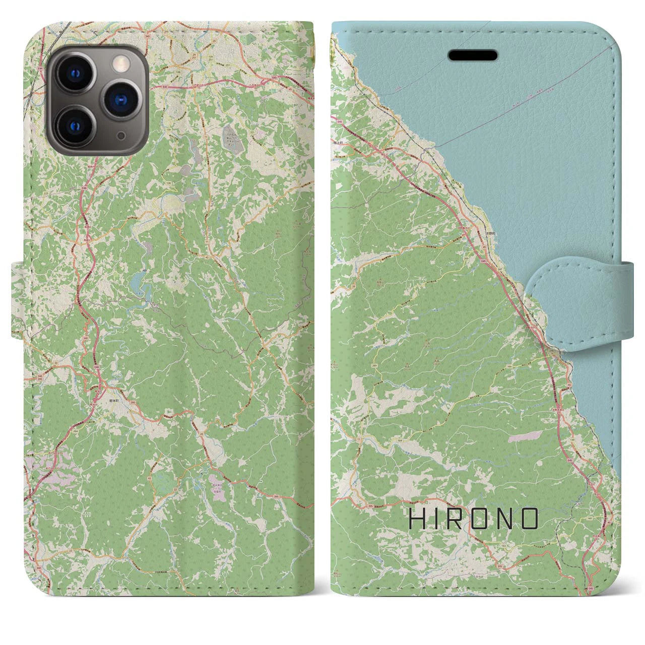 【洋野(岩手県)】地図柄iPhoneケース(手帳タイプ)ナチュラル・iPhone 11 Pro Max 用