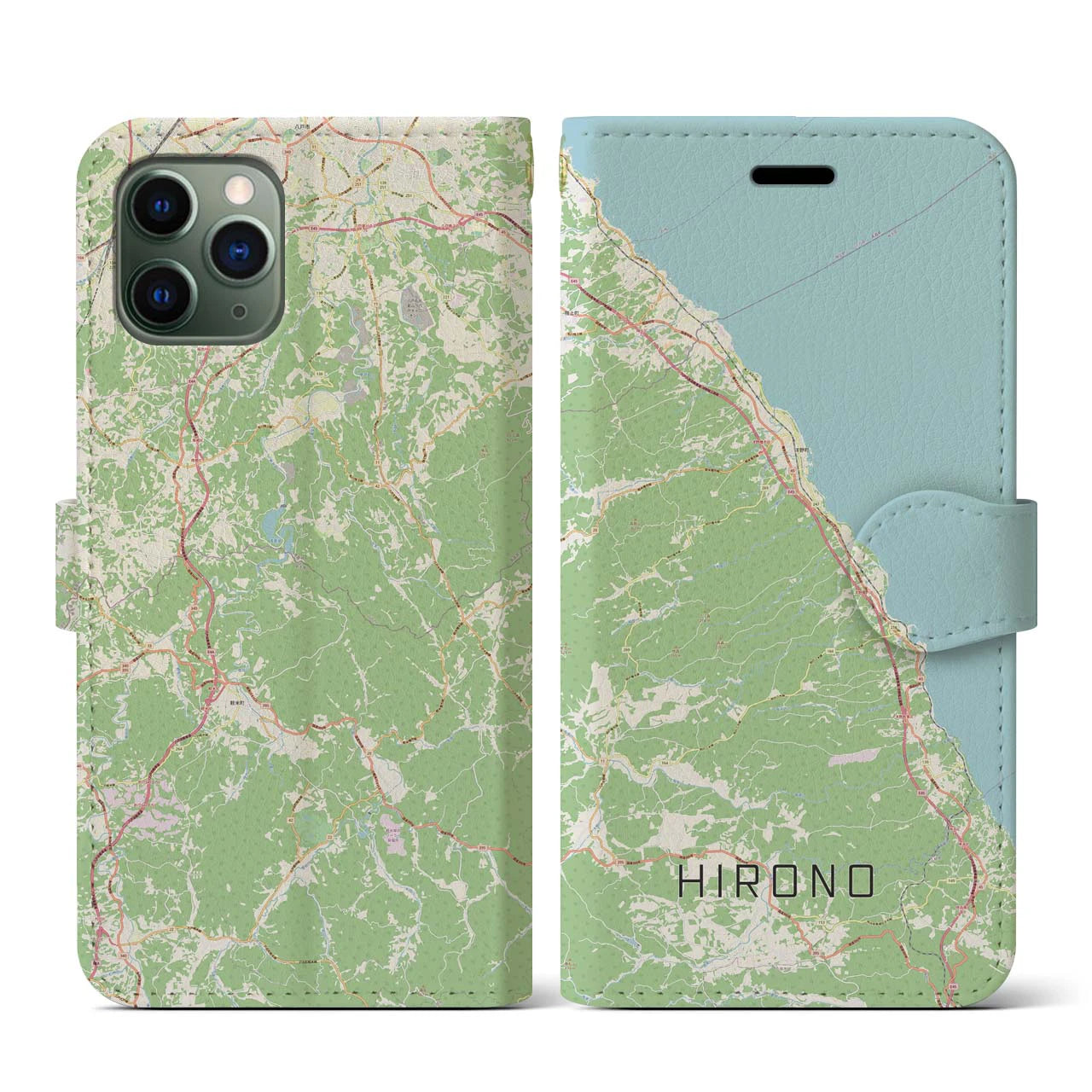 【洋野(岩手県)】地図柄iPhoneケース(手帳タイプ)ナチュラル・iPhone 11 Pro 用