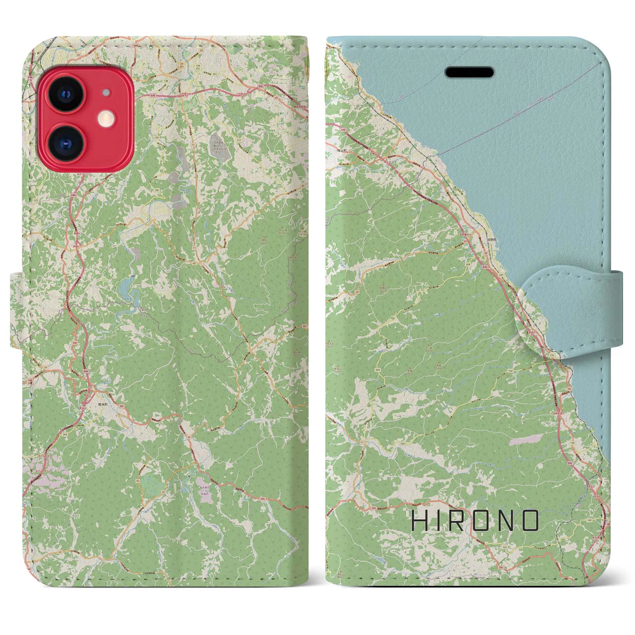 【洋野(岩手県)】地図柄iPhoneケース(手帳タイプ)ナチュラル・iPhone 11 用
