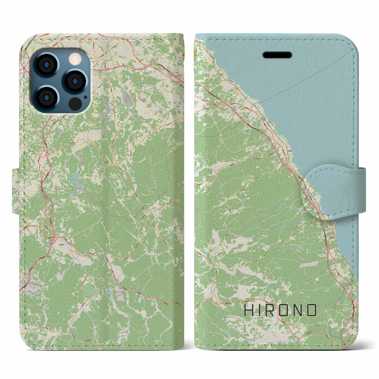 【洋野(岩手県)】地図柄iPhoneケース(手帳タイプ)ナチュラル・iPhone 12 / 12 Pro 用