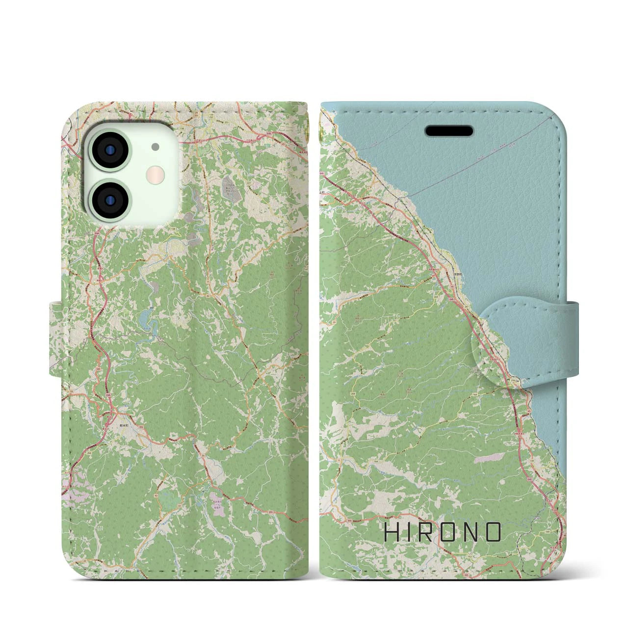 【洋野(岩手県)】地図柄iPhoneケース(手帳タイプ)ナチュラル・iPhone 12 mini 用