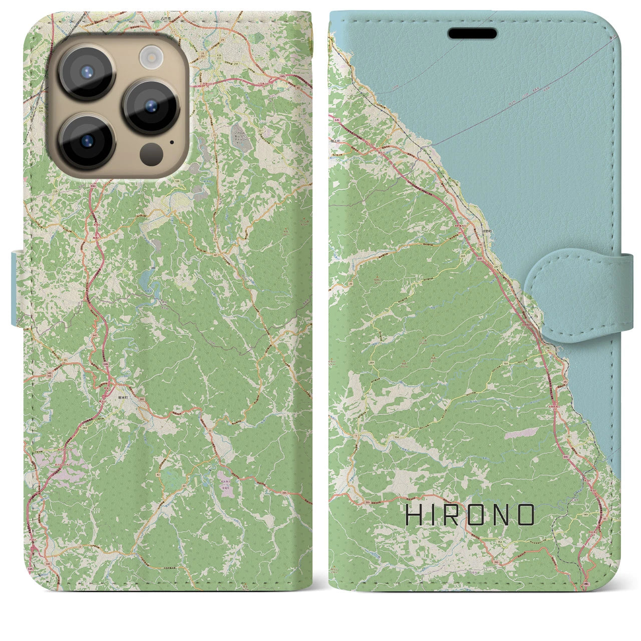 【洋野(岩手県)】地図柄iPhoneケース(手帳タイプ)ナチュラル・iPhone 14 Pro Max 用