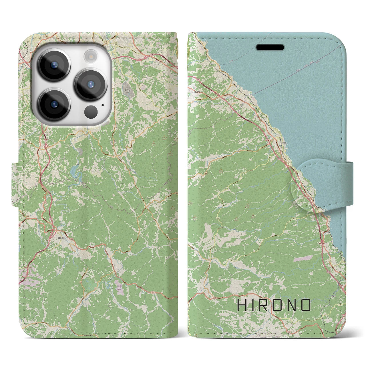 【洋野(岩手県)】地図柄iPhoneケース(手帳タイプ)ナチュラル・iPhone 14 Pro 用