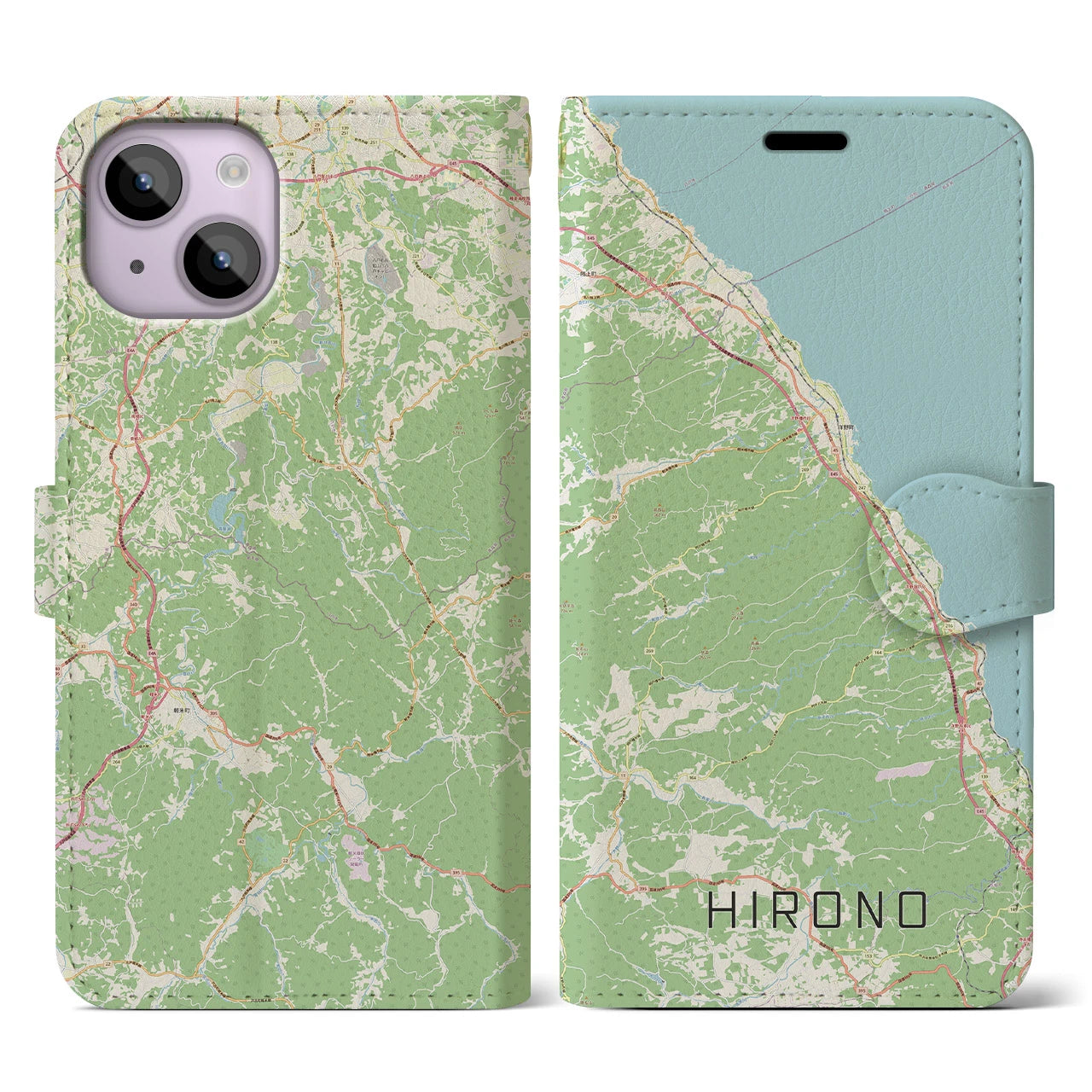 【洋野(岩手県)】地図柄iPhoneケース(手帳タイプ)ナチュラル・iPhone 14 用