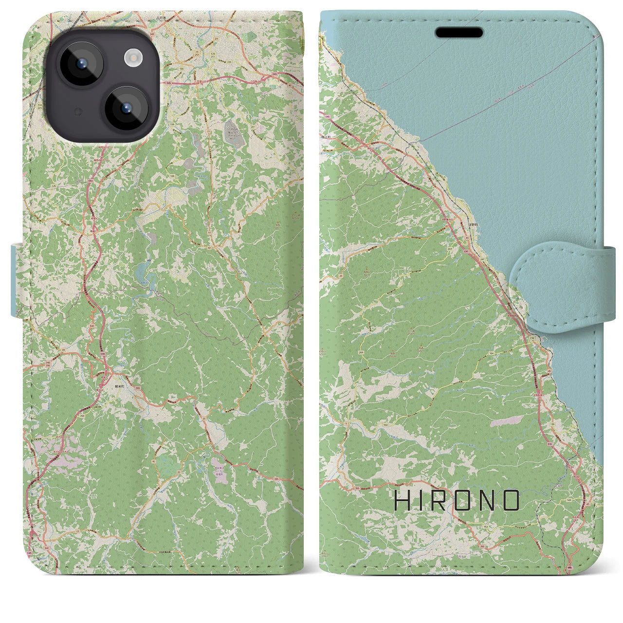 【洋野(岩手県)】地図柄iPhoneケース(手帳タイプ)ナチュラル・iPhone 14 Plus 用