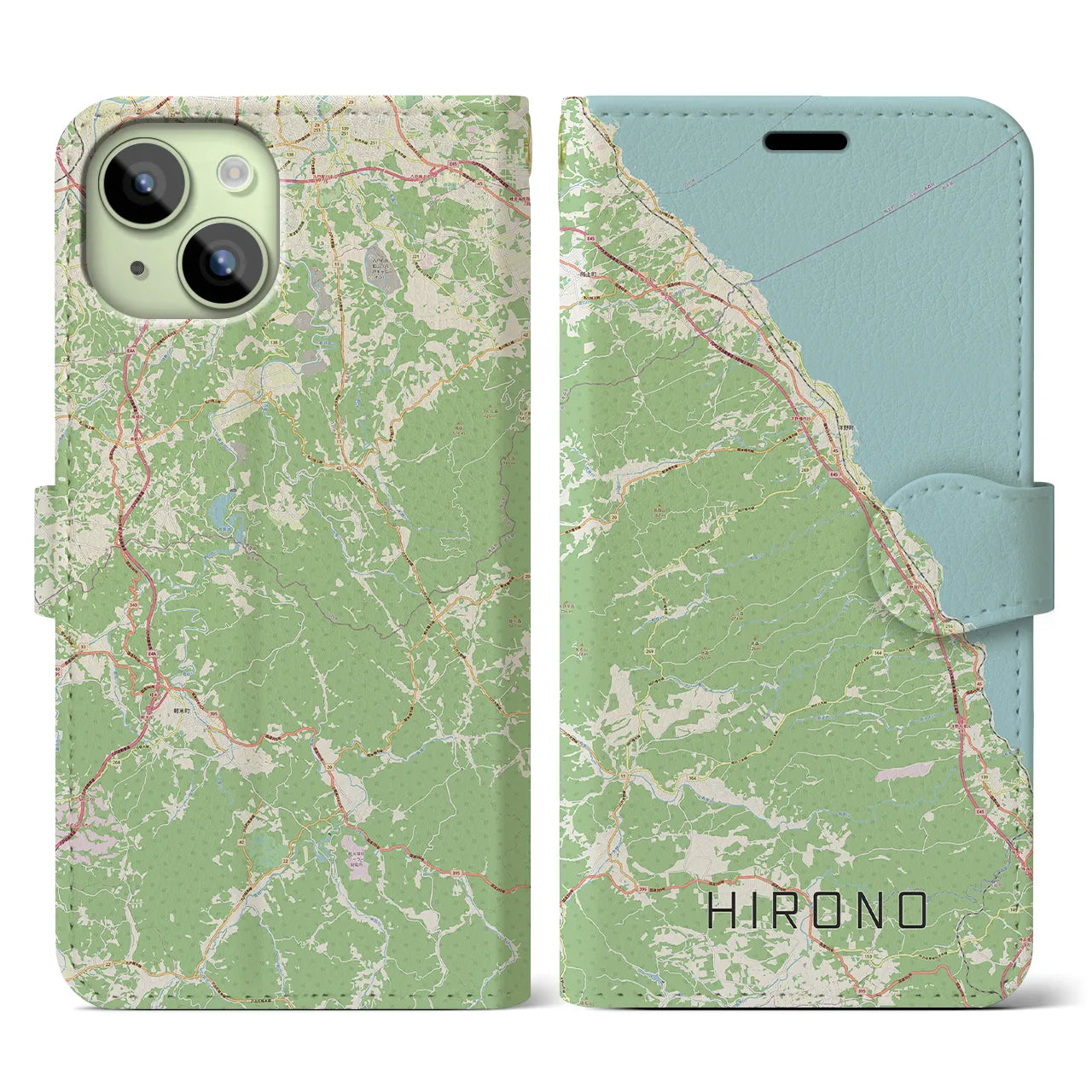 【洋野(岩手県)】地図柄iPhoneケース(手帳タイプ)ナチュラル・iPhone 15 用