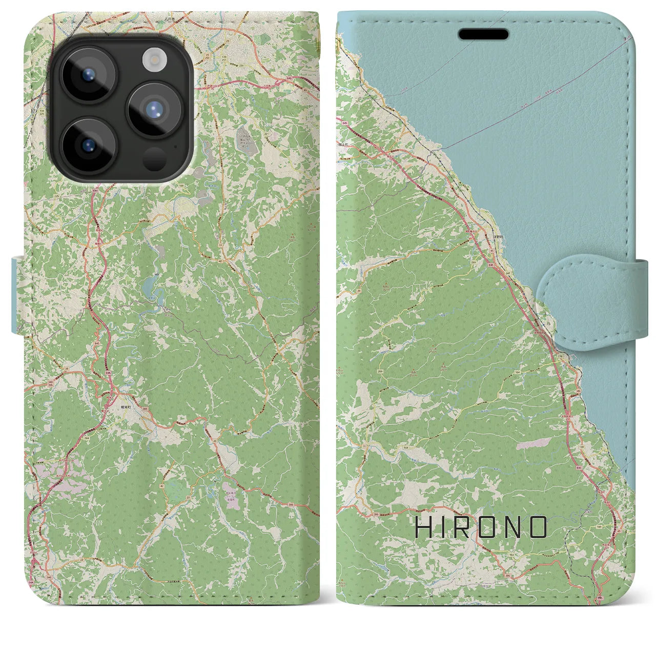 【洋野(岩手県)】地図柄iPhoneケース(手帳タイプ)ナチュラル・iPhone 15 Pro Max 用