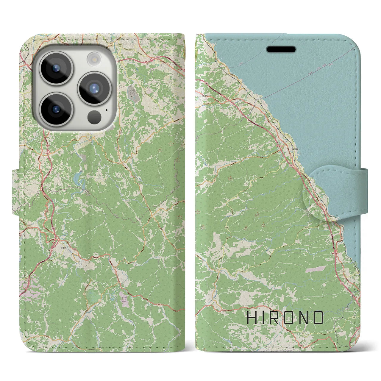 【洋野(岩手県)】地図柄iPhoneケース(手帳タイプ)ナチュラル・iPhone 15 Pro 用