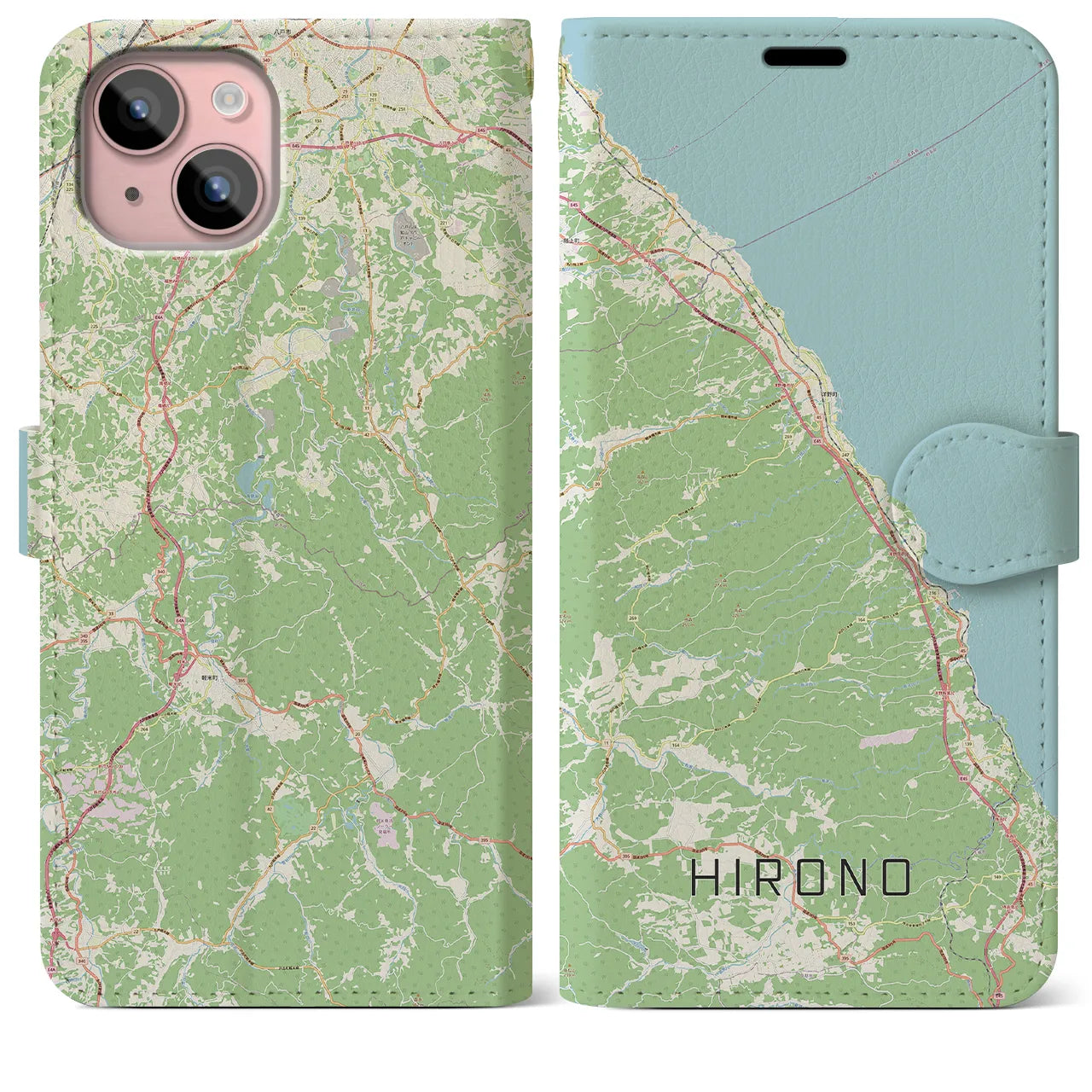 【洋野(岩手県)】地図柄iPhoneケース(手帳タイプ)ナチュラル・iPhone 15 Plus 用