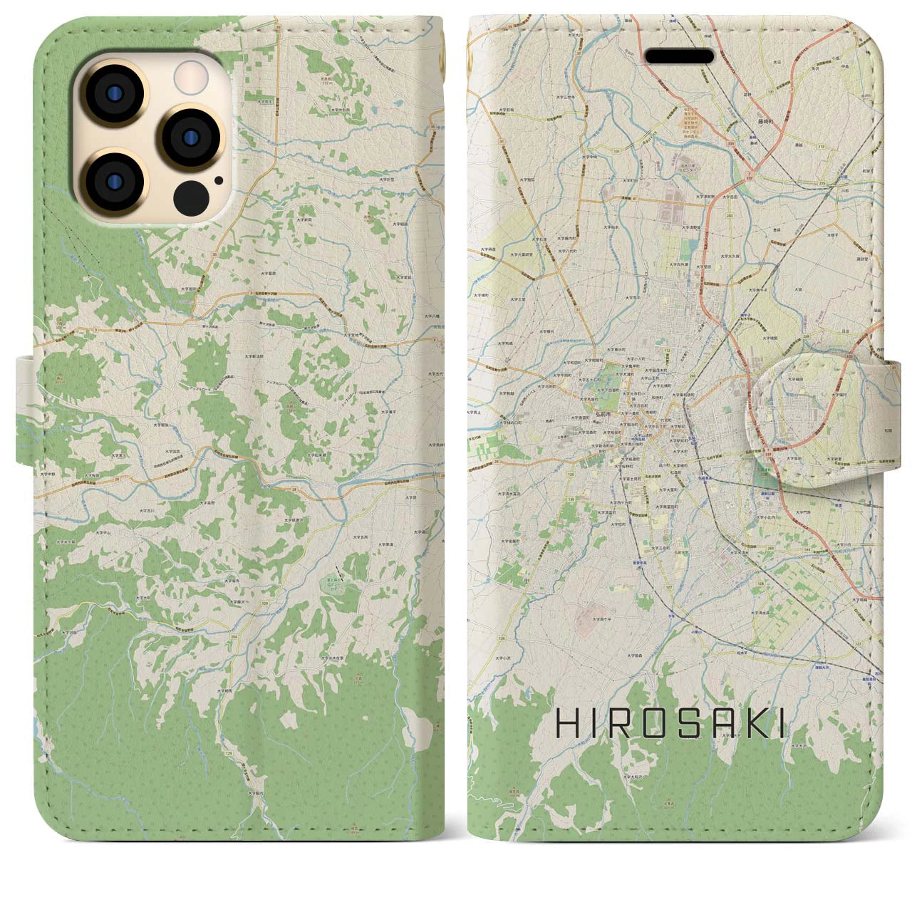 【弘前(青森県)】地図柄iPhoneケース(手帳タイプ)ナチュラル・iPhone 12 Pro Max 用