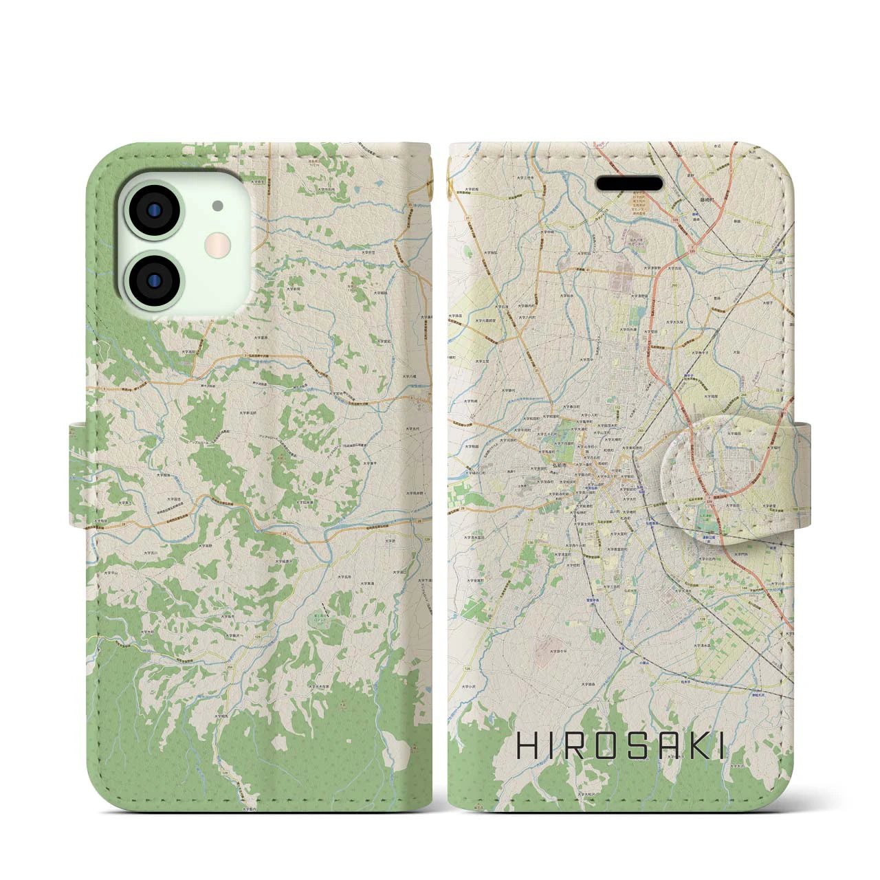 【弘前(青森県)】地図柄iPhoneケース(手帳タイプ)ナチュラル・iPhone 12 mini 用