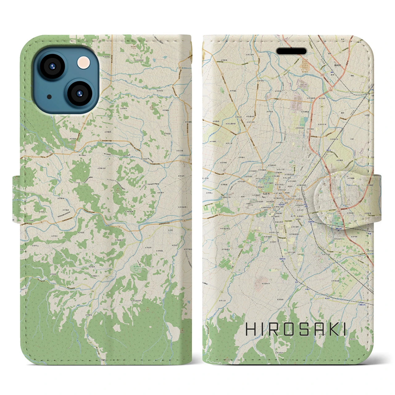【弘前(青森県)】地図柄iPhoneケース(手帳タイプ)ナチュラル・iPhone 13 用