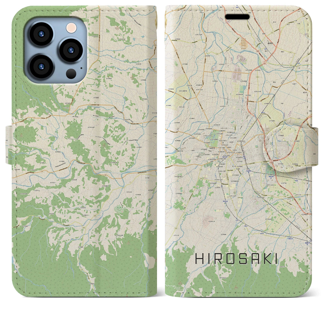 【弘前(青森県)】地図柄iPhoneケース(手帳タイプ)ナチュラル・iPhone 13 Pro Max 用