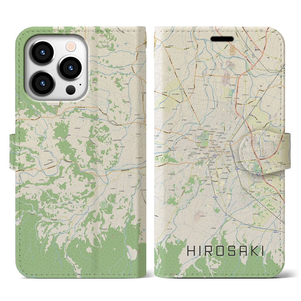 【弘前(青森県)】地図柄iPhoneケース(手帳タイプ)ナチュラル・iPhone 13 Pro 用