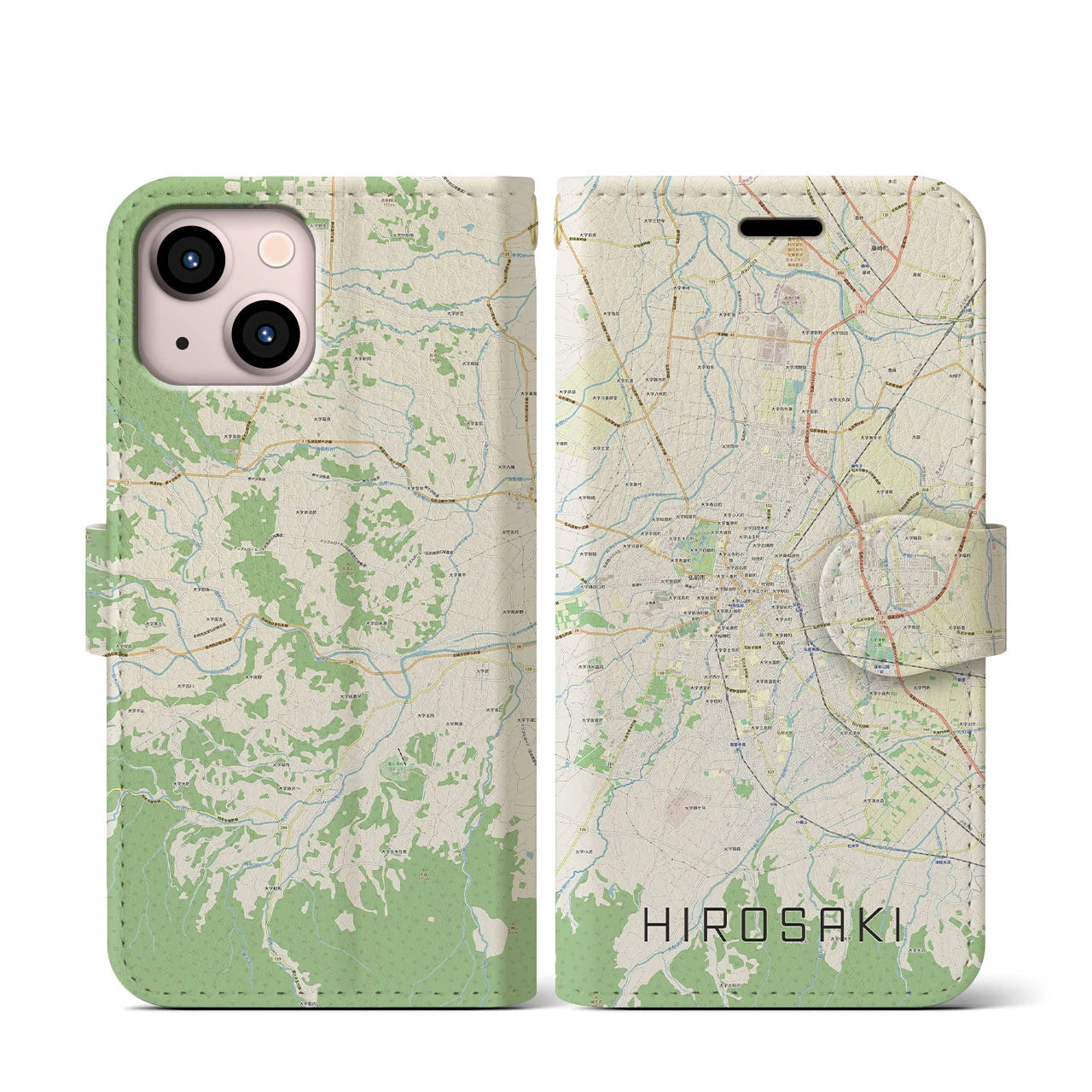 【弘前(青森県)】地図柄iPhoneケース(手帳タイプ)ナチュラル・iPhone 13 mini 用