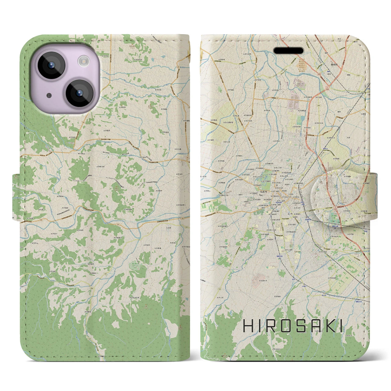 【弘前(青森県)】地図柄iPhoneケース(手帳タイプ)ナチュラル・iPhone 14 用