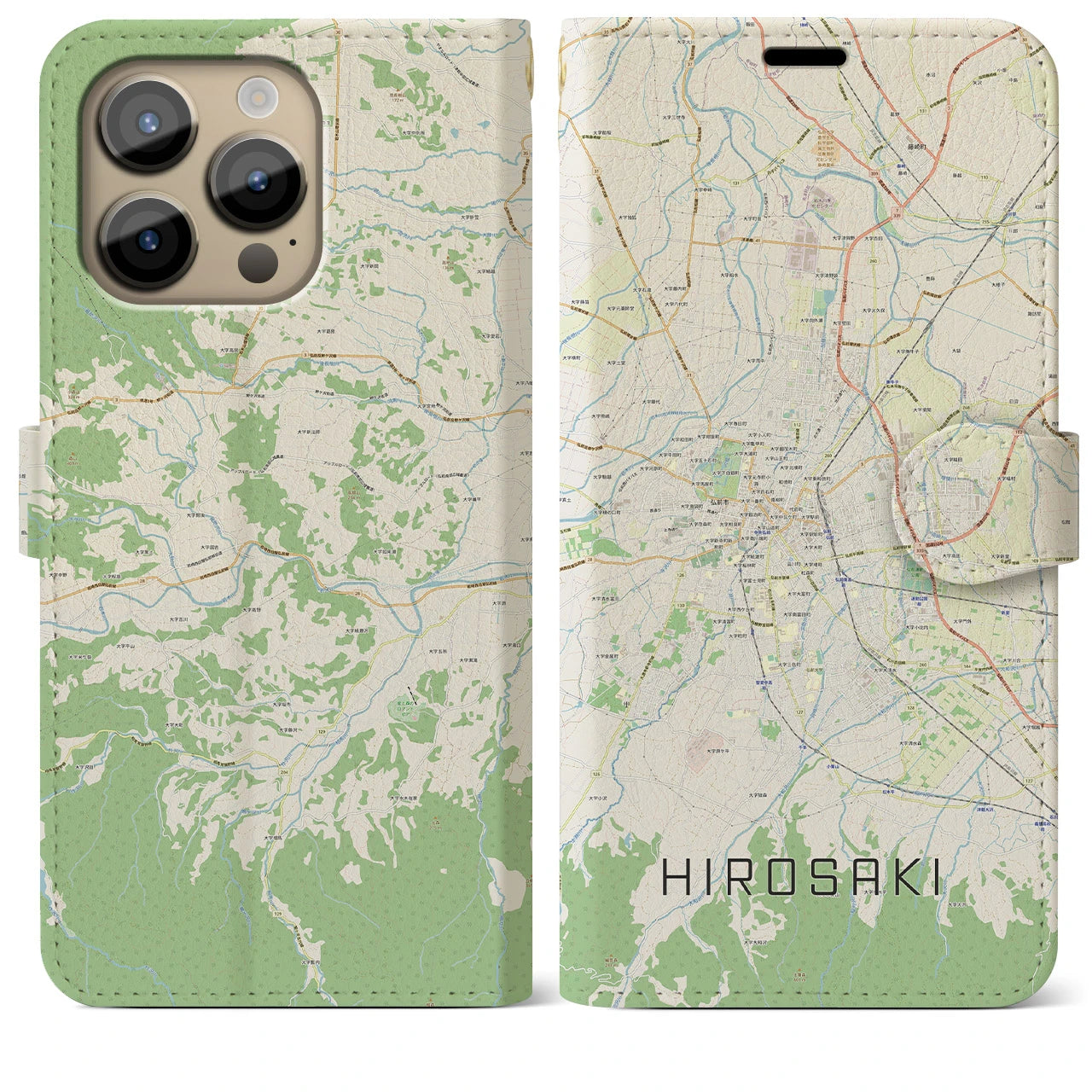 【弘前(青森県)】地図柄iPhoneケース(手帳タイプ)ナチュラル・iPhone 14 Pro Max 用