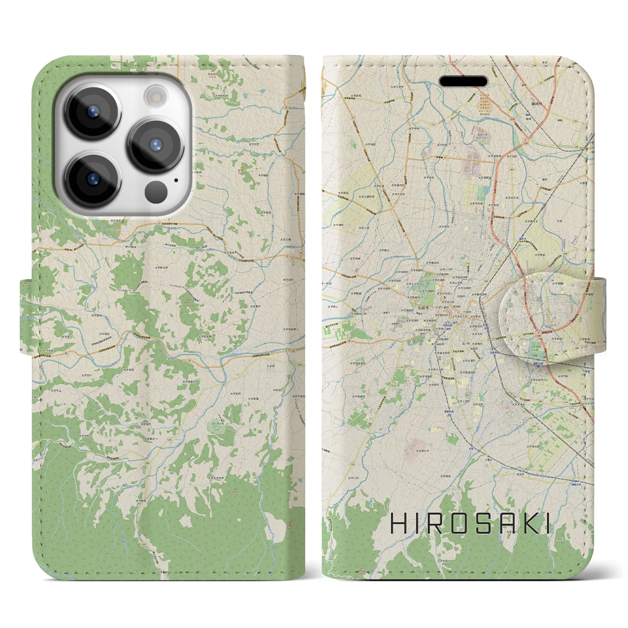 【弘前(青森県)】地図柄iPhoneケース(手帳タイプ)ナチュラル・iPhone 14 Pro 用