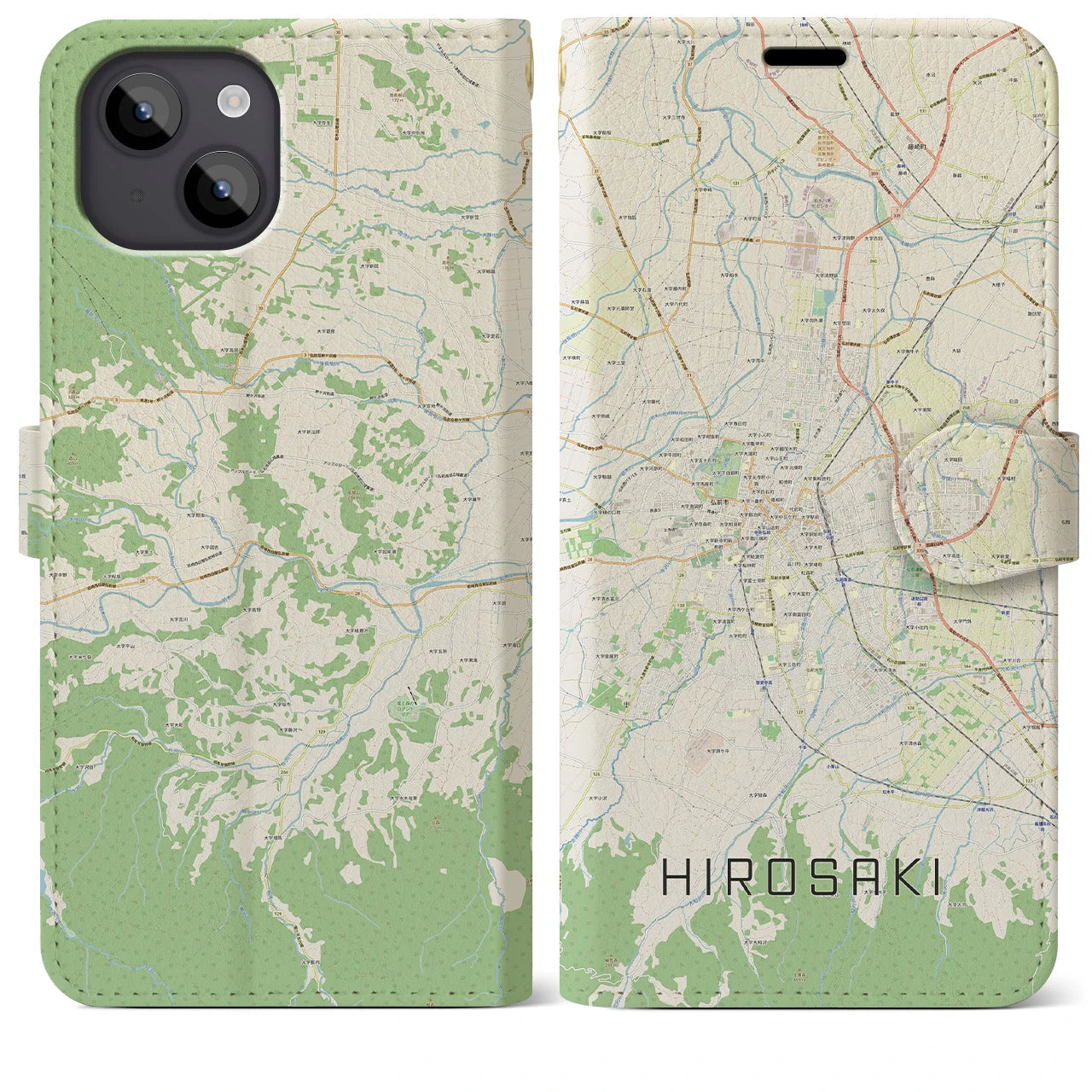 【弘前(青森県)】地図柄iPhoneケース(手帳タイプ)ナチュラル・iPhone 14 Plus 用