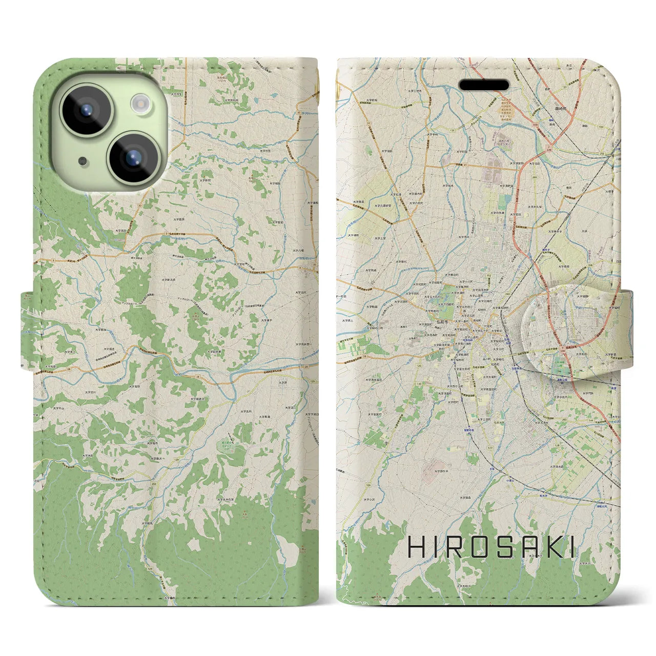 【弘前(青森県)】地図柄iPhoneケース(手帳タイプ)ナチュラル・iPhone 15 用