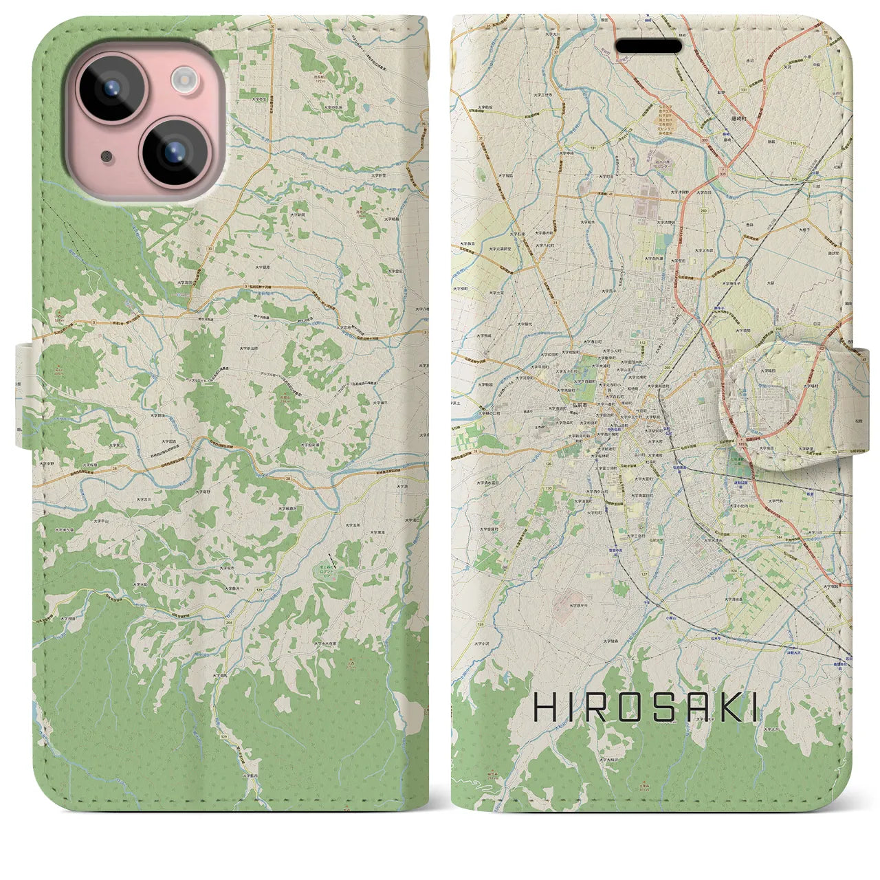 【弘前(青森県)】地図柄iPhoneケース(手帳タイプ)ナチュラル・iPhone 15 Plus 用