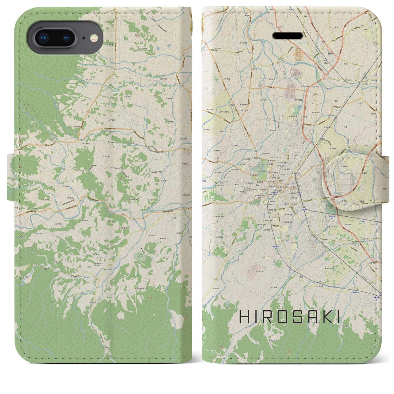 【弘前(青森県)】地図柄iPhoneケース(手帳タイプ)ナチュラル・iPhone 8Plus /7Plus / 6sPlus / 6Plus 用